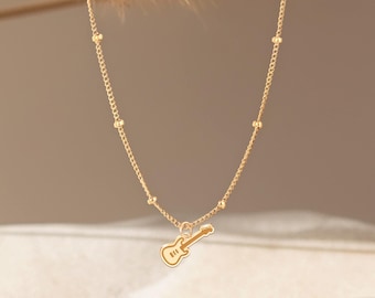 Collar con dije de guitarra rock y cadena de cuentas: plata de ley, chapado en oro, oro rosa. Joyería minimalista de música. Regalo ideal.