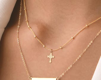 Beautiful Cross Charm Necklace Beady Chain: Sterling Silver, Gold Filled, 14K Solid Gold Minimal Faith Charm Jewelry Gift