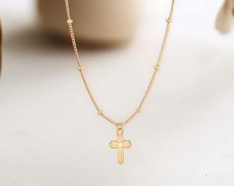 Striped Christian Cross Charm Necklace: Sterling Silver, Gold Filled, 14K Solid Gold Faith Jewelry Gift