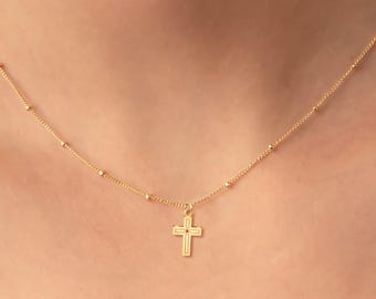 Cross Religious Charm Necklace Beady Chain: Sterling Silver, Gold Filled, Rose Gold Minimal Christian Jewelry Gift