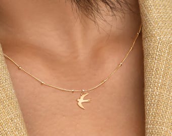 Flying Swallow Charm Necklace Beady Chain: Sterling Silver, Gold Filled, 14K Solid Gold Dainty Bird Jewelry Gift