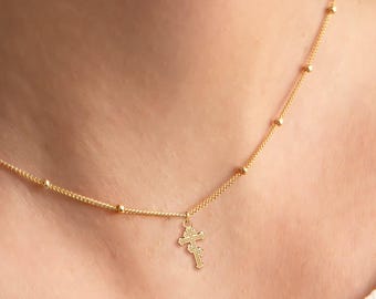 Dainty Holy Cross Charm Necklace Beady Chain: Sterling Silver, Gold Filled, Rose Gold Minimalist Religious Pendant Jewelry Gift