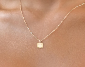 Boekbedelketting: sterlingzilver, gold filled, 14 kt massief goud handgemaakte bibliofiel hanger sieraden cadeau
