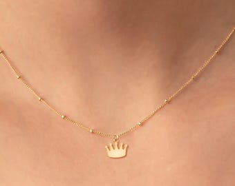 Regal Queen Crown Charm Necklace Beady Chain: Sterling Silver, Gold Filled, 14K Solid Gold Dainty Royal Jewelry Gift