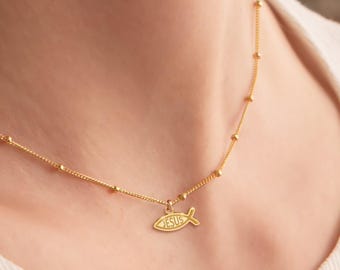 Ichthys Jesus Fish Charm Necklace Beady Chain: Sterling Silver, Gold Filled, 14K Solid Gold Dainty Christian Jewelry Gift