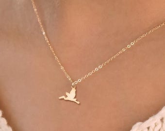 ヘロンペンダントネックレス：スターリングシルバー、ゴールドフィルド、14Kソリッドゴールドハンドメイド自然鳥ジュエリーギフト