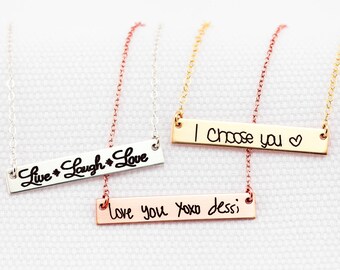 Gold Bar Necklace, Handwritten Horizontal Bar Necklace - YOUR HANDWRITING - or text, Sterling Silver, Gold or Rose Gold, Jewelry For Her