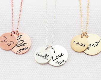 Custom Handwriting Necklace • Actual Handwriting Double Disc Circle Charm Necklace • Keepsake Jewelry • Memorial Necklace • Mom Gift •