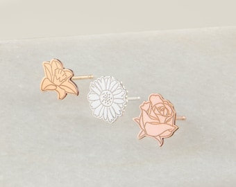 Birth Flower Charm Earring, Birth Month Earring, Silver, Gold or Rose Gold Floral Earring, Birth Month Studs, Bridesmaid Gift, Cute Jewelry