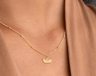 Paper Boat Necklace Beady Chain Jewelry Gift for Her Origami Necklace Boat Pendant Nautical Jewelry Ocean Necklace Paper Ship Christmas Gift