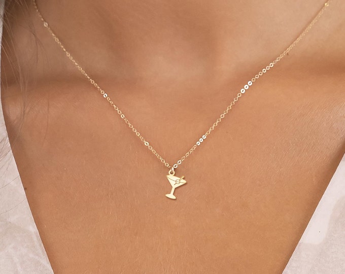 Martini Charm Necklace available in Gold Filled, Rose Gold Filled, Sterling Silver, or 14K Solid Gold, Cute Drink Necklace