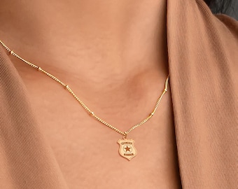 Police Badge Necklace Beady Chain Necklace Police Jewelry Custom Badge Number Charm Police Wife Personalized Police Officer Wife Necklace
