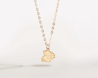 Collier à pendentif livres de bibliothécaire empilés : cadeau bijoux livresques en argent sterling, or rempli, or rose