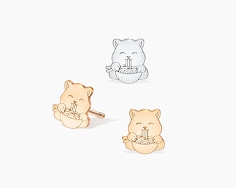 Cute Cat Eating Ramen Earrings, Fun Earrings, Gold Kawaii Earrings, Handmade Jewelry, Simple Gold Earring, Cat Earrings, Ramen Earrings