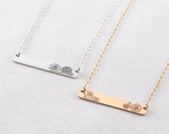 Bar Necklace Flower Necklace Personalized Jewelry Birth Flower Jewelry Engraved Necklace Gift for Her Birthday Gift for Mom