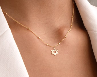 Star of David Pendant Necklace with a Beady Chain, available in Sterling Silver, 14k Gold Filled, or 14k Solid Gold, Magen David Charm