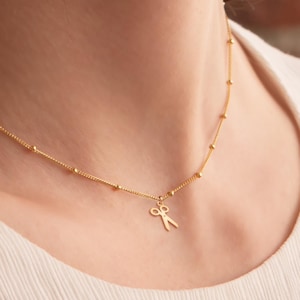 Scissors Charm on a Beady Chain Necklace handcrafted in 14k Gold Filled, Sterling Silver, or 14k Solid Gold, Hairdresser Jewelry