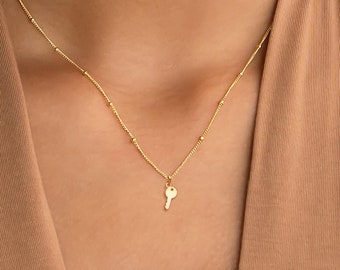 Collar con forma de llave de corazón, cadena con cuentas, joyería con forma de llave, regalo para ella, collar con llave de plata, dije con forma de llave, colgante con llave de oro, llave para mi corazón, regalo para novia