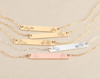 Gold Bar Necklace Personalized Jewelry Name Bar Necklace Birth Flower Jewelry Engraved Necklace Family Birth Flower Bridesmaid Gift