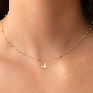Pode incluir: Um delicado colar dourado com um pequeno pingente de pássaro. A corrente fina tem pequenas contas espaçadas uniformemente. O pingente de pássaro é uma silhueta simples, adicionando um toque de elegância. O colar é usado ao redor do pescoço.