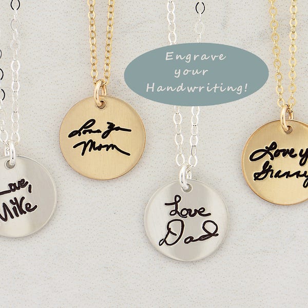 Personalized Disc, Handwritten Necklace - YOUR HANDWRITING - or Image, Sterling Silver, Gold or Rose Gold, Jewelry For Her