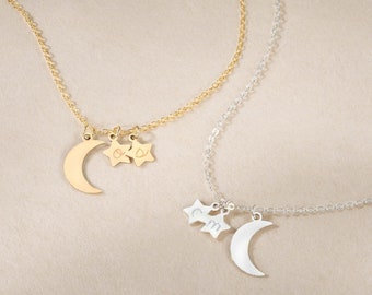 Dainty Gold Moon Necklace, Personalized Jewelry, Handmade Jewelry, Custom Necklace, Initial Necklace, Gifts for Moms, Gold Filled Necklace