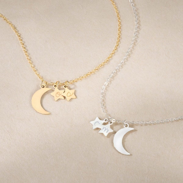 Dainty Gold Moon Necklace, Personalized Jewelry, Handmade Jewelry, Custom Necklace, Initial Necklace, Gifts for Moms, Gold Filled Necklace