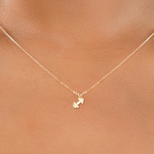May include: A gold chain necklace with a small dumbbell pendant.