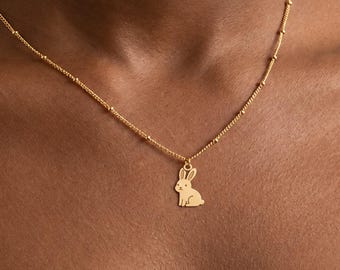 Bunny Rabbit Charm Necklace, Flat Pendant With Upright Ears, 10K or 14K Solid Gold, Sterling Silver, 14K Gold Filled, Ball Chain