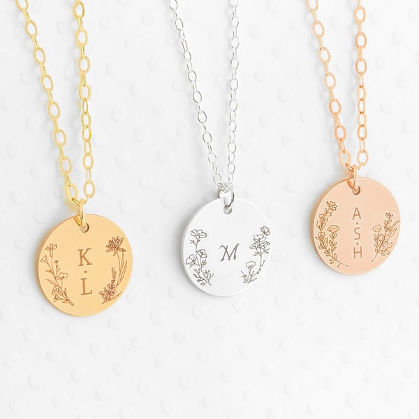 Flower Disc Necklace, Gold or Silver Disc Necklace, Custom Gold Disc, Engraved Necklace, Customized Name Disc Necklace, Personalized Disc