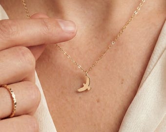 Flying Bird Charm Necklace: Sterling Silver, Gold Filled, 14K Solid Gold Dainty Bird Jewelry Gift