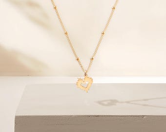 Flame Heart Charm Necklace Beady Chain: Sterling Silver, Gold Filled, 14K Solid Gold, Handmade Minimalist Romantic Jewelry