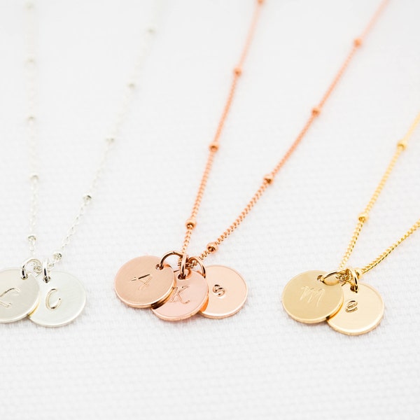 Initial Disc Necklace with Satellite Chain Gold Initial necklace, Circle Disc Necklace, Family Necklace,Grandma Jewelry, Mother's Necklace,