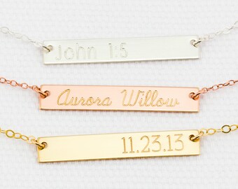 Engravable Gold, Silver or Rose Gold Bar Necklace, Engraved Bar Necklace,  Personalized Bar Necklace, Valentines Day