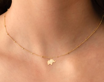 Elephant Pendant Necklace Gold Beady Chain Dainty Animal Charm Jewelry Lucky Gift for Her Birthday Tiny Elephant Necklace Gift for Mom