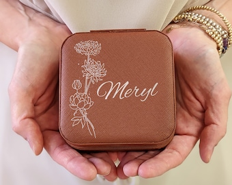 Estuche de viaje para joyas personalizado, regalo de flores para el mes de nacimiento, regalo de cumpleaños personalizado, organizador de joyas de viaje, estuche para joyas personalizado