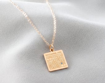 Personalized Square Calendar Charm Necklace: Sterling Silver, Gold Filled, Rose Gold, 14K Solid Gold Minimalist Charm Jewelry