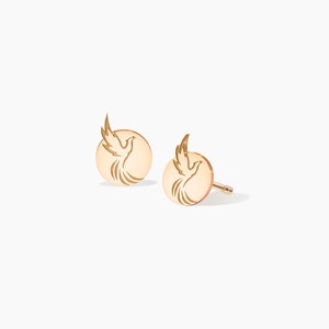 Può includere: Un paio di orecchini a bottone color oro. Ogni orecchino presenta un design circolare con un'immagine incisa di una colomba in volo. Gli orecchini sono presentati su sfondo bianco.