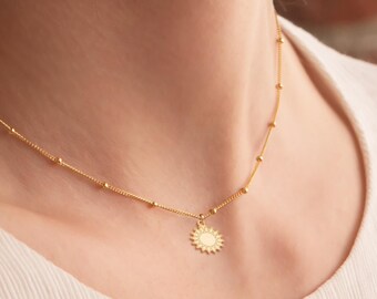 Collar de girasol en cadena con cuentas, disponible en oro macizo de 14 k, plata de ley o chapado en oro de 14 k, joyería con flores