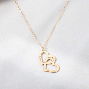 Gold Double Heart Necklace Personalized Jewelry Dainty Charm Engraved Pendant Custom Name Necklace Birthday Gift For Her Initial Necklace