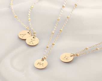 9mm Personalized Disc Necklace with Satellite Chain available in Gold or Silver. Add your Initial. Mother's Day Gift,Birthday Gift.