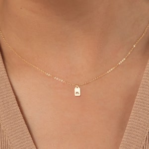 May include: A gold chain necklace with a small gold tag pendant featuring the letter "M" engraved on it.
