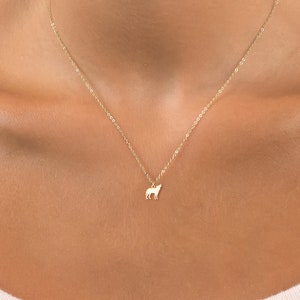 Puede incluir: Un collar de cadena de oro con un pequeño colgante de lobo.