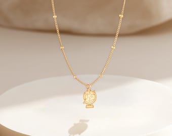 Globe Map Wanderer Charm Necklace Beady Chain: Sterling Silver, Gold Filled, 14K Solid Gold Travel Pendant Jewelry Gift