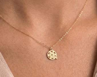 Film Reel Charm Necklace: Sterling Silver, Gold Filled, 14K Solid Gold Movie Lover Jewelry Gift