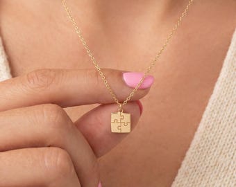 Puzzle Piece Charm Necklace: Sterling Silver, Gold Filled, 14K Solid Gold Dainty Geometric Charm Jewelry Gift