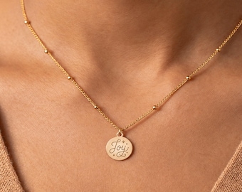 Joy Medallion Charm Necklace, Sterling Silver, 14K Gold Filled or 10K or 14K Solid Gold, Flat Round Pendant With Stars, Ball Chain