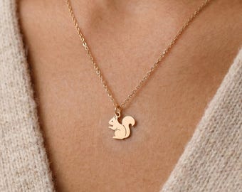 Squirrel Silhouette Charm Necklace: Sterling Silver, Gold Filled, 14K Solid Gold Minimalist Animal Jewelry Gift