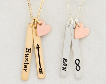 MINI Vertical Bar Necklace with Heart, Name Necklace / Personalized Gold Bar Necklace, Gold Bar, Vertical Bar