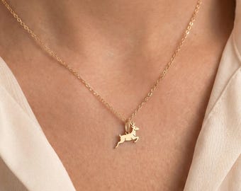 Leaping Deer Charm Necklace: Sterling Silver, Gold Filled, Rose Gold, Handmade Animal Charm Jewelry Gift for her